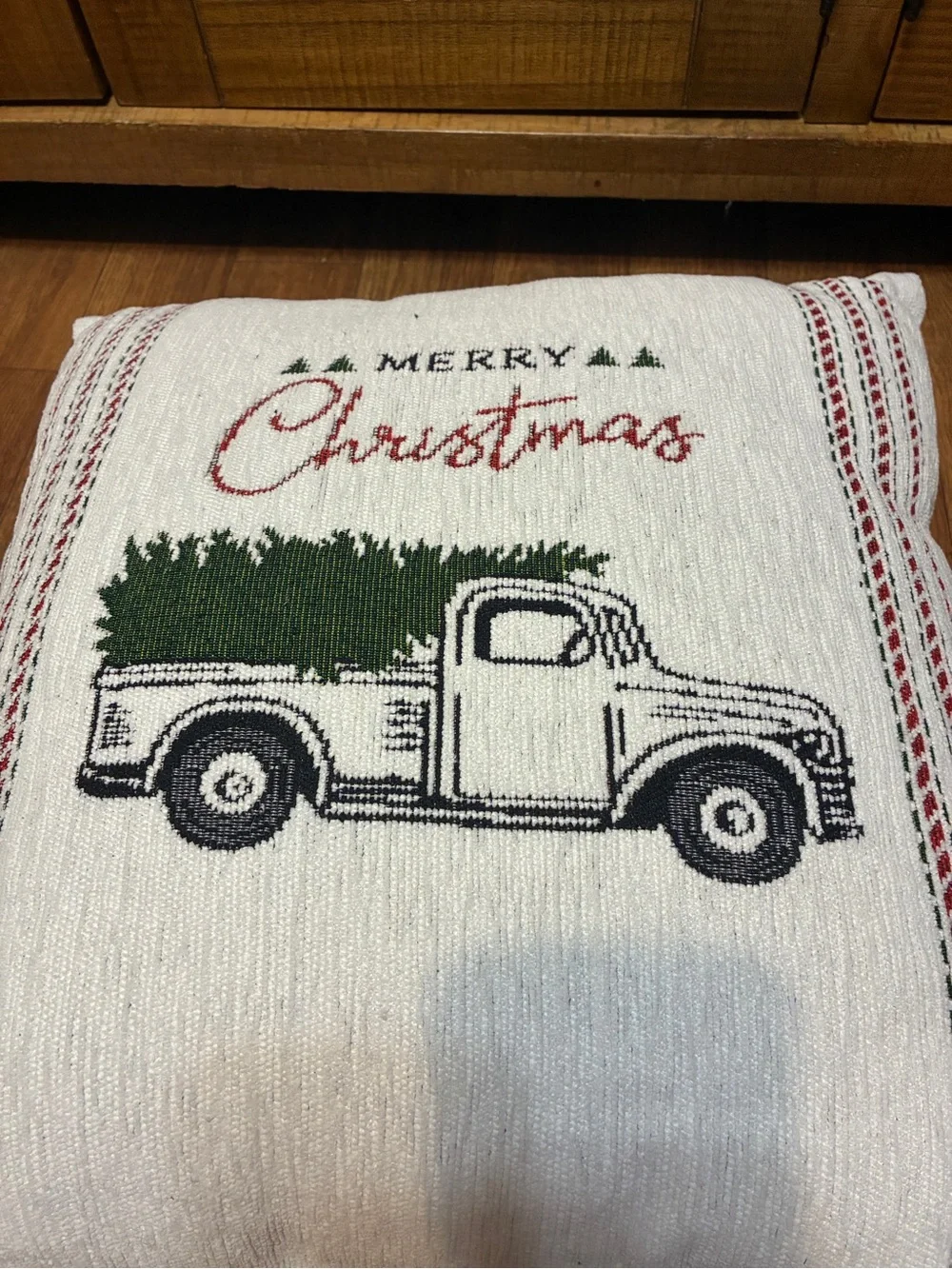 Merry Christmas Truck Decorative Pillow - White and Green